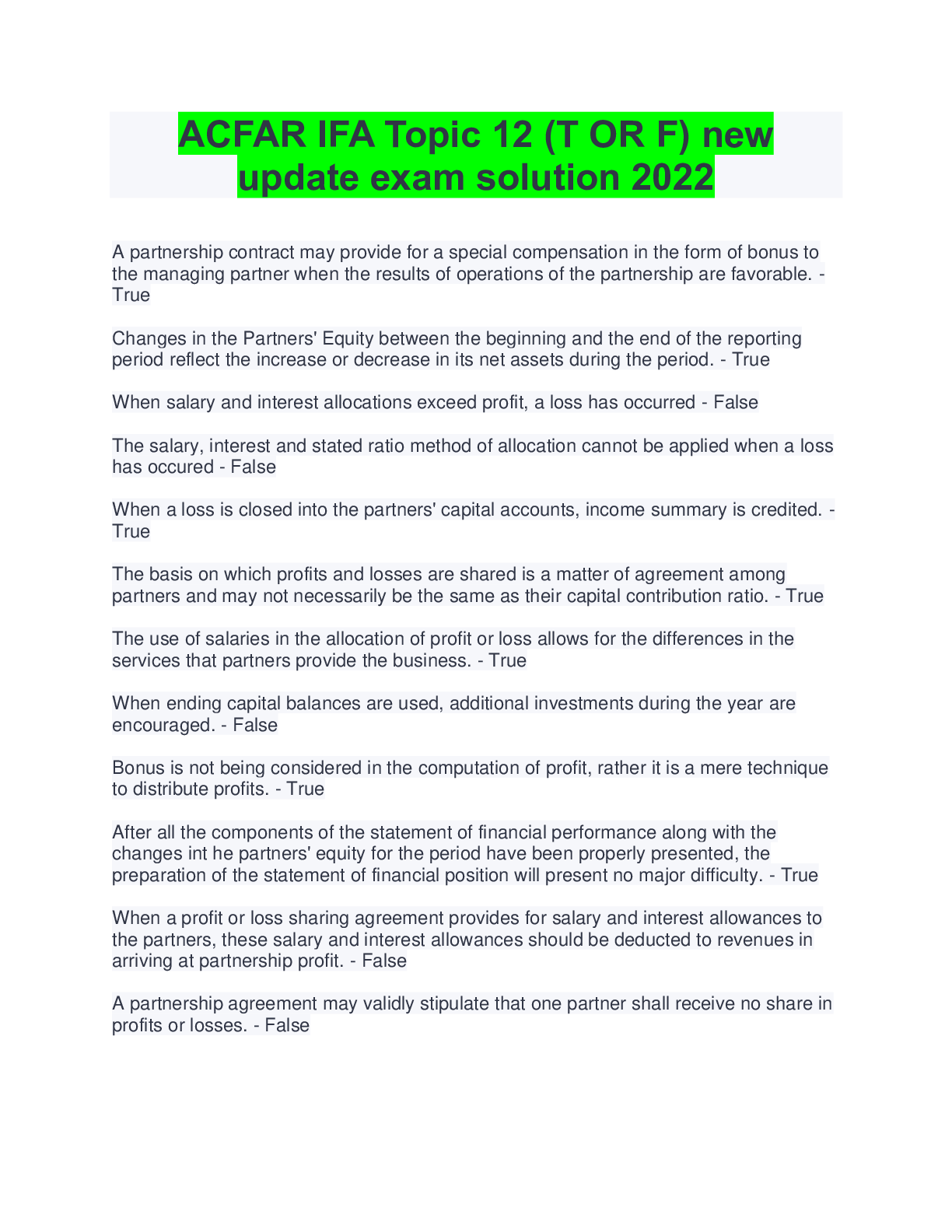 Preview image for ACFAR IFA Topic 12 (T OR F) new  update exam solution 2022